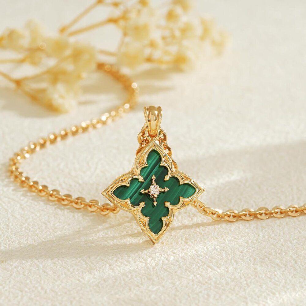 Gold Clover Necklace Women Dainty 14K Gold Dark Green Pendant Adjustable Chain - Picture 3 of 7